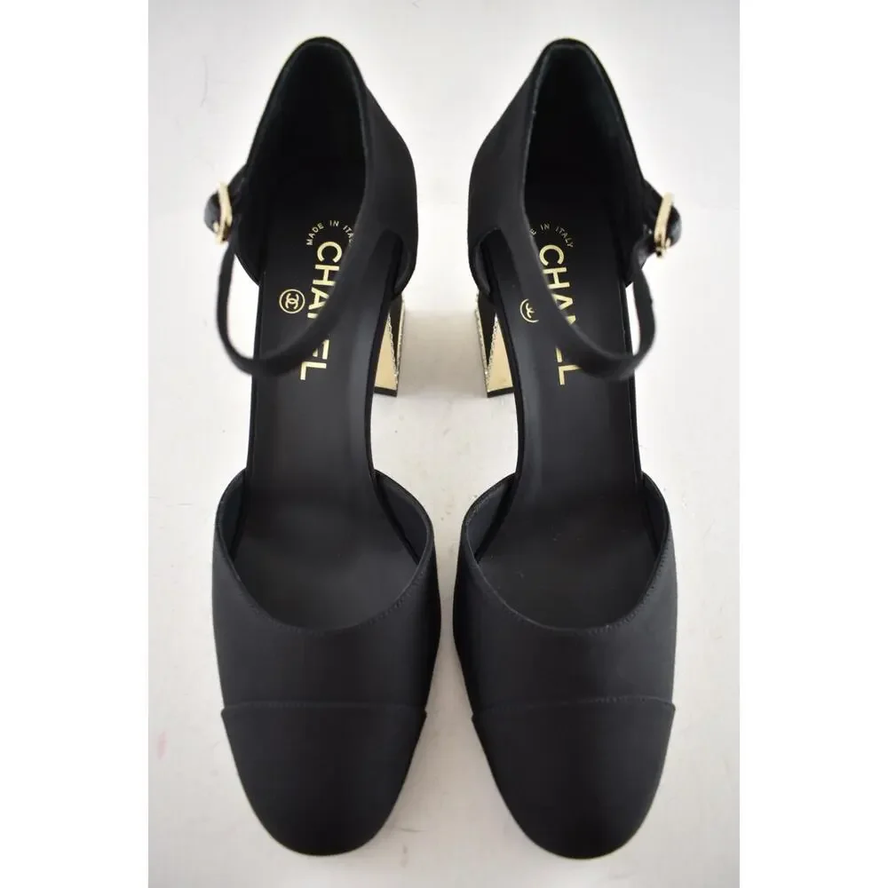 Chanel 24B Black Crystal CC Logo Gold Mary Jane Ankle Strap Block Heel Pumps 40 - Picture 11 of 16